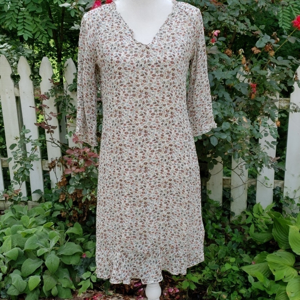 J Jill Shift Dress 3/4 Sleeves V Neck Small Petite see measures Tan Floral EUC - Picture 16 of 16